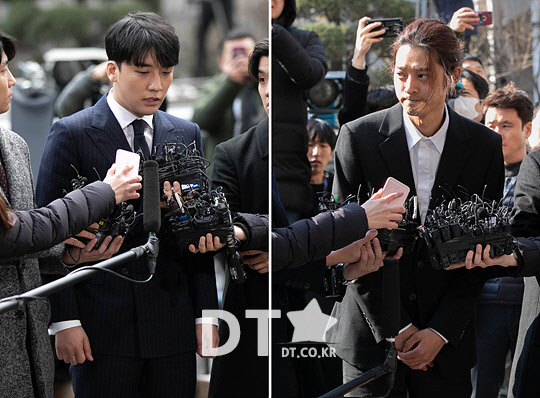 성관계 장면을 몰래 찍어 유포한 혐의를 받고 있는 가수 정준영(사진 오른쪽)과 성매매 알선 등의 혐의로 정식 입건된 그룹 빅뱅의 멤버 승리가 14일 종로구 서울지방경찰청에서 조사를 받기 위해 출석하고 있다. 박동욱 기자 fufus@